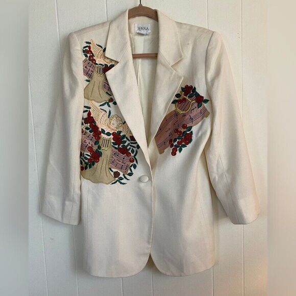 Jenna Jacket Blazer Women’s 6 Cream Wool Embroidered Angels Music Holiday - Picture 1 of 5